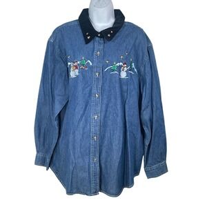 Basic Editions Plus Holiday Denim Shirt Womens 20W Snowman Christmas Embroidered
